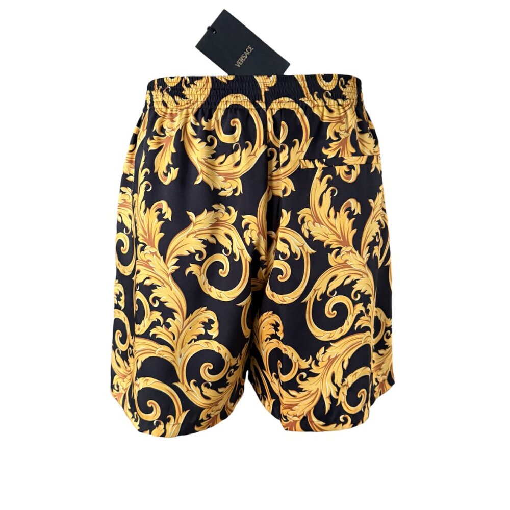 Versace Men'sBaroque Print Twill Poly Shorts Black Gold Print Shorts, sz 54 (Lg)